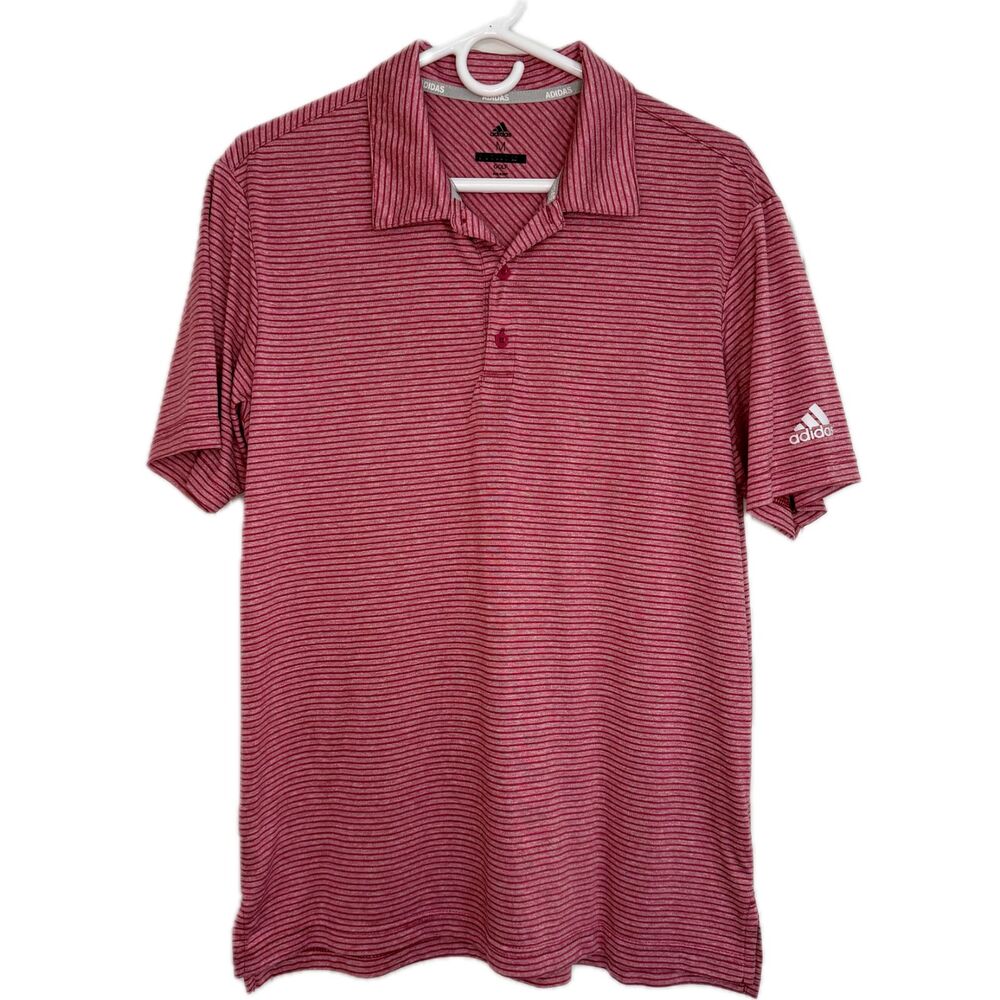 Adidas Golf Men's Red Medium Striped Polo Shirt Collared Feeder Powerberry